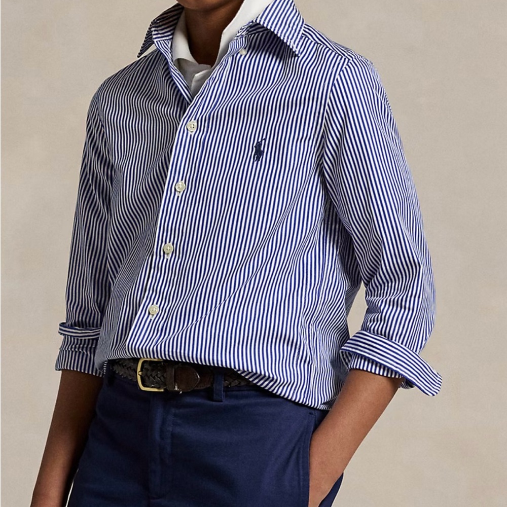 Ralph Lauren Boy 100 % Cotton Navy and White Striped Button-Up Quiet Luxury Sz M